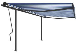 Copertină retractabilă manual, stâlpi, albastru/alb, 4,5x3,5 m