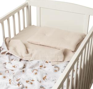 Lenjerie de vara din muselina pentru patut 120x60 cm Kidizi Ducky, include cearceaf, perna si paturica cu doua fete, bumbac 100%