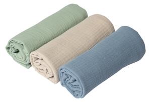 Set 3 paturici din muselina dubla moale 78x78 cm Kidizi Mint Blue, 100% bumbac