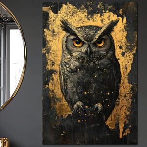 Tablou Canvas Premium, LuxCanva® M1015, Gardianul Noptii, Bufnita, Pasare, Ochi, Noapte, Mister, Intelepciune, Eleganta, Auriu, Negru, Birou, Living, Camera Copii