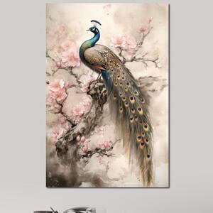 Tablou Canvas Premium, LuxCanva® M1012, Ecoul Penelor Imperiale, Gradina, Flori, Paun, Coada, Natura, Ramura, Nobil, Oriental, Pastel, Birou, Living, Camera Copii
