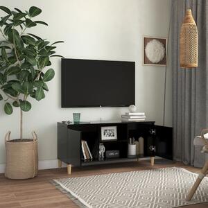 Comodă TV, picioare lemn masiv, negru, 103,5x35x50 cm