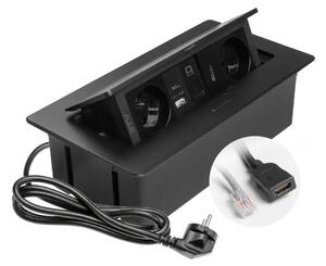Priza incorporabila MULTISOFT 2 x Schuko, USB A + C, RJ45, HDMI, cablu 1.5 m, negru