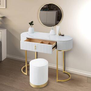 SEA75 - Set Masa toaleta, 100 cm, cosmetica, masa machiaj cu oglinda si scaun, masuta vanity - Alb-Auriu