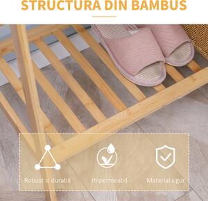 HOMCOM Suport de Îmbrăcăminte din Bambus cu 2 Rafturi de Depozitare, 2 Cârlige și Sină de Agățat, Design Natural | Aosom Romania