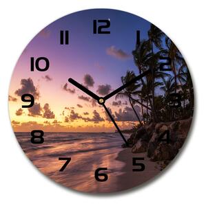 Ceas rotund de perete din sticlă Apus de soare pe plaja