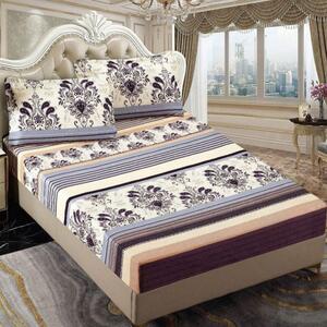 Husa de pat, finet, 180x200cm, 2 persoane, 3 piese, cu elastic, crem si maro, cu linii si model, HPF330