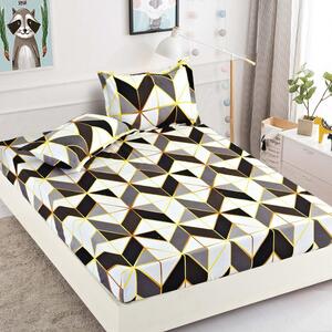 Husa de pat, finet, 180x200cm, 2 persoane, 3 piese, cu elastic, crem si maro, cu forme geometrice, HPF331