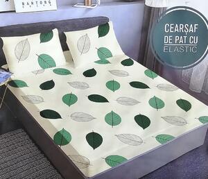 Husa de pat, finet, 180x200cm, 2 persoane, 3 piese, cu elastic, crem deschis, cu frunze, HPF338