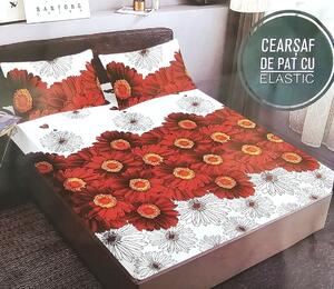 Husa de pat, finet, 180x200cm, 2 persoane, 3 piese, cu elastic, alb , cu flori visinii, HPF333