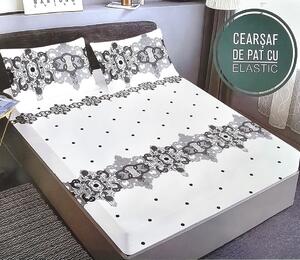 Husa de pat, finet, 180x200cm, 2 persoane, 3 piese, cu elastic, alb , cu imprimeu negru, HPF337