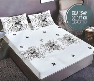 Husa de pat, finet, 180x200cm, 2 persoane, 3 piese, cu elastic, alb , cu model si fluturi negri, HPF342