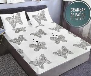Husa de pat, finet, 180x200cm, 2 persoane, 3 piese, cu elastic, alb , cu fluturi negri, HPF341