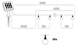 Instalație LED solară 30xLED/0,12W/1,2V 3000K IP44 400 mAh