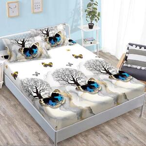 Husa de pat, 2 persoane, finet, 3 piese, cu elastic, alb , cu fluturi si copaci, HPF313