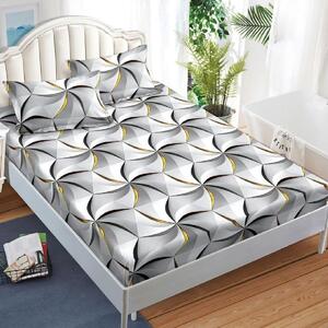 Husa de pat, 2 persoane, finet, 3 piese, cu elastic, gri si galben, cu model hexagon, HPF318