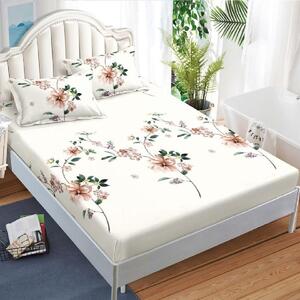 Husa de pat, 2 persoane, finet, 3 piese, cu elastic, crem , cu flori, HPF311