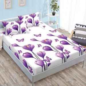 Husa de pat, 2 persoane, finet, 3 piese, cu elastic, alb , cu flori mov, HPF315