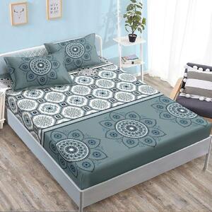 Husa de pat, 2 persoane, finet, 3 piese, cu elastic, verde si alb, cu model floral, HPF316