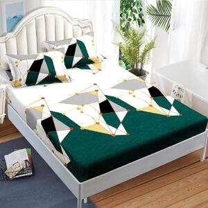 Husa de pat, 2 persoane, finet, 3 piese, cu elastic, verde si alb, cu linii aurii, HPF320