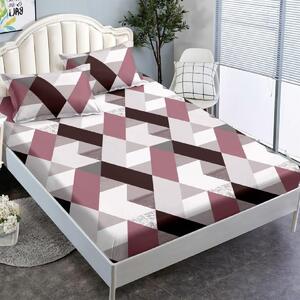 Husa de pat, 2 persoane, finet, 3 piese, cu elastic, gri si maro, cu forme geometrice, HPF321