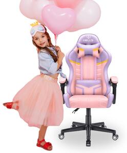 Scaun gaming pentru copii HC - 1004 roz și mov cu detalii galbene