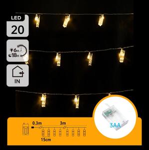 Aigostar - Ghirlandă decorativă cu cleme 20xLED/3xAA 3,3m alb cald
