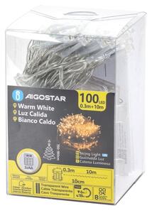 Aigostar - Ghirlandă LED de exterior, 100 de LED-uri, 8 funcții, alimentare 3 x AA, 10,3 m, IP44, alb cald