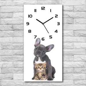 Ceas vertical de perete din sticlă Câine și pisică