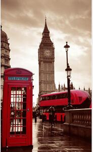 Fototapet. Simboluri Londoneze - Big Ben, Cabina Telefonica Rosie si Autobuz Rosu intr-o tipica zi ploioasa. Art. 060043