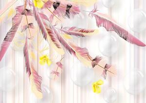 Fototapet 3D, Pene roz si flori galbene pe un fundal alb Art.05084