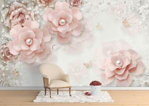 Fototapet 3D, Flori roz si perle pe un fundal alb Art.05102