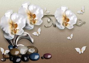 Fototapet 3D, Fluturi albi si orhidei pe un fundal maro Art.05149