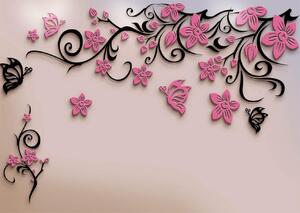 Fototapet 3D, Flori roz si uzor negru pe un fundal alb Art.05144