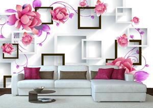 Fototapet 3D, Flori roz cu patrate pe un fundal alb Art.05319
