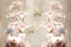 Fototapet 3D, Flori roz in ulcioare pe un fundal cenusiu Art.05433