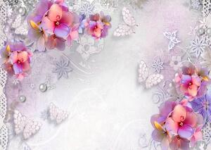 Fototapet 3D, Flori multicolore si fluturi pe un fundal alb Art.05063