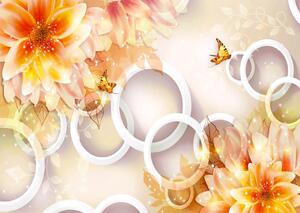 Fototapet 3D, Flori oranj si fluturi pe fundalul cercurilor albe Art.05120
