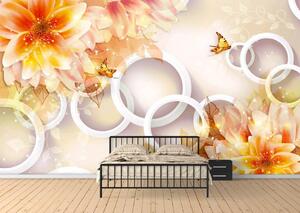 Fototapet 3D, Flori oranj si fluturi pe fundalul cercurilor albe Art.05120