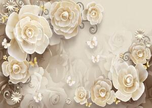 Fototapet 3D, Flori bej si fluturi albi pe un fundal alb Art.05134