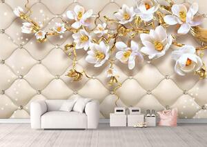 Fototapet 3D, Flori albe si ramuri aurii pe un fundal alb Art.05135