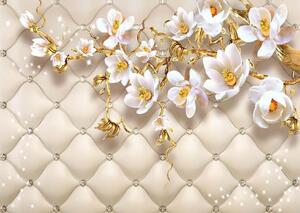 Fototapet 3D, Flori albe si ramuri aurii pe un fundal alb Art.05135