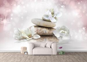 Fototapet 3D, Flori albe si turn din pietre Art.05095