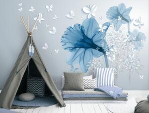 Fototapet 3D, Floare albastra si fluturi albi Art.05294