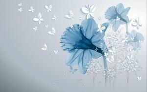 Fototapet 3D, Floare albastra si fluturi albi Art.05294