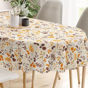 Goldea față de masă decorativă loneta - model 537 frunze în maro și portocaliu - ovală 120 x 200 cm
