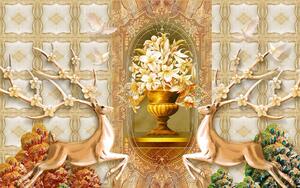 Fototapet 3D, Cerbi si o vaza de flori pe un fundal auriu Art.05345