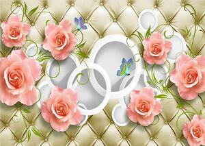 Fototapet 3D , Trandafiri roz pe un fundal auriu si cercuri albe Art.05130