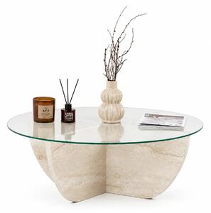 Masuta cafea LIYA, bej cu efect de piatra travertin, sticla/PAL, 90x90