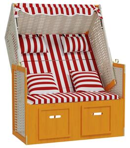 Scaun de plajă cu perne, roșu/alb, poliratan și lemn masiv